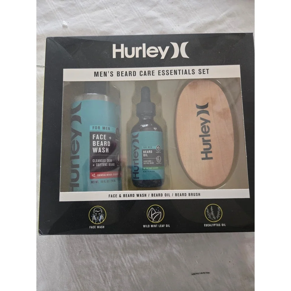 Hurley Mens Beard Care Essentials Set Face Beard Wash Beard Oil Beard Brush